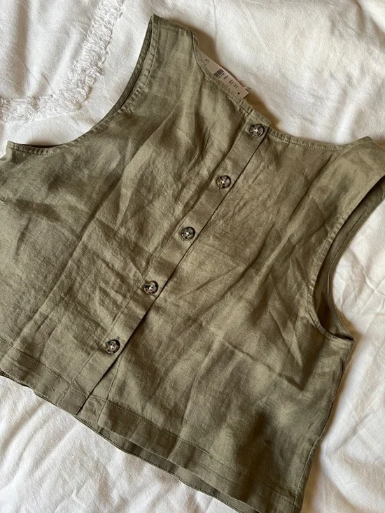 J. Crew Olive Square-Neck Linen Crop Tank - Picture 3 of 4